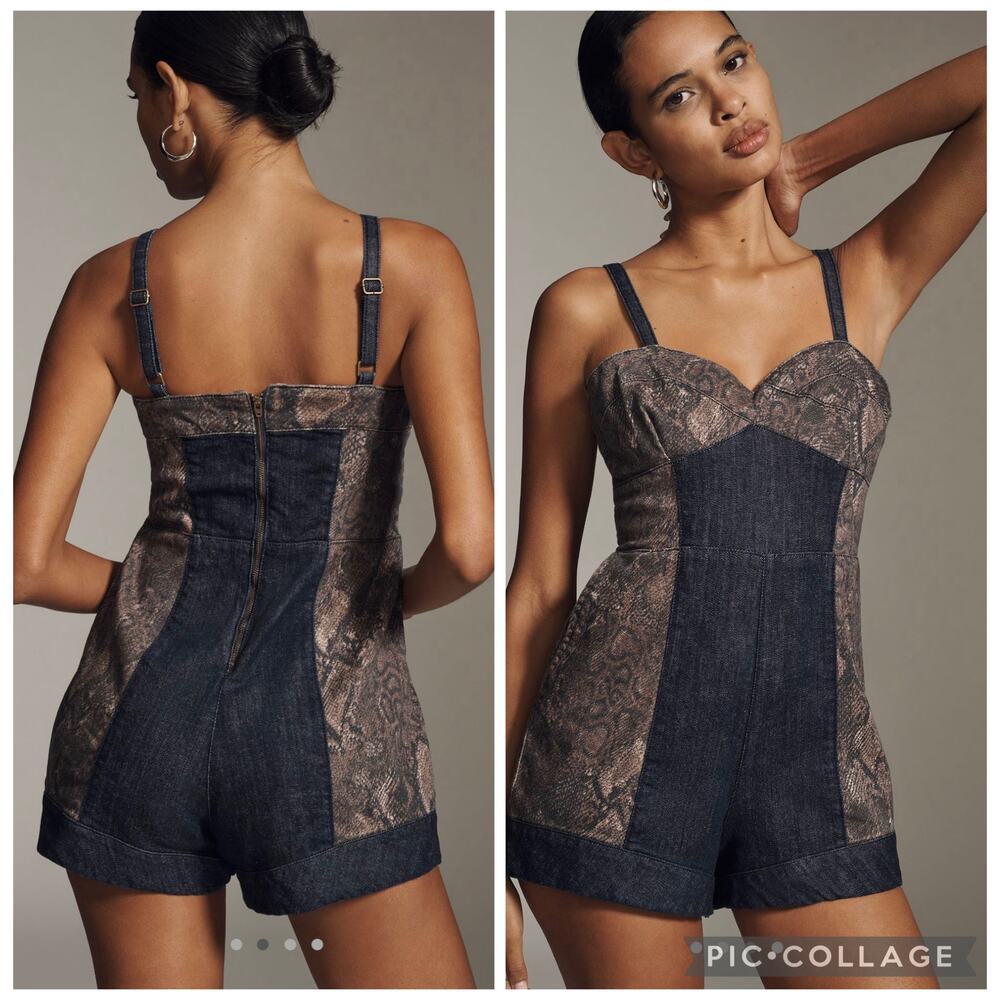 Pilcro Sleeveless Boho Retro Snake Print Denim Coachella Strappy Romper Size 10